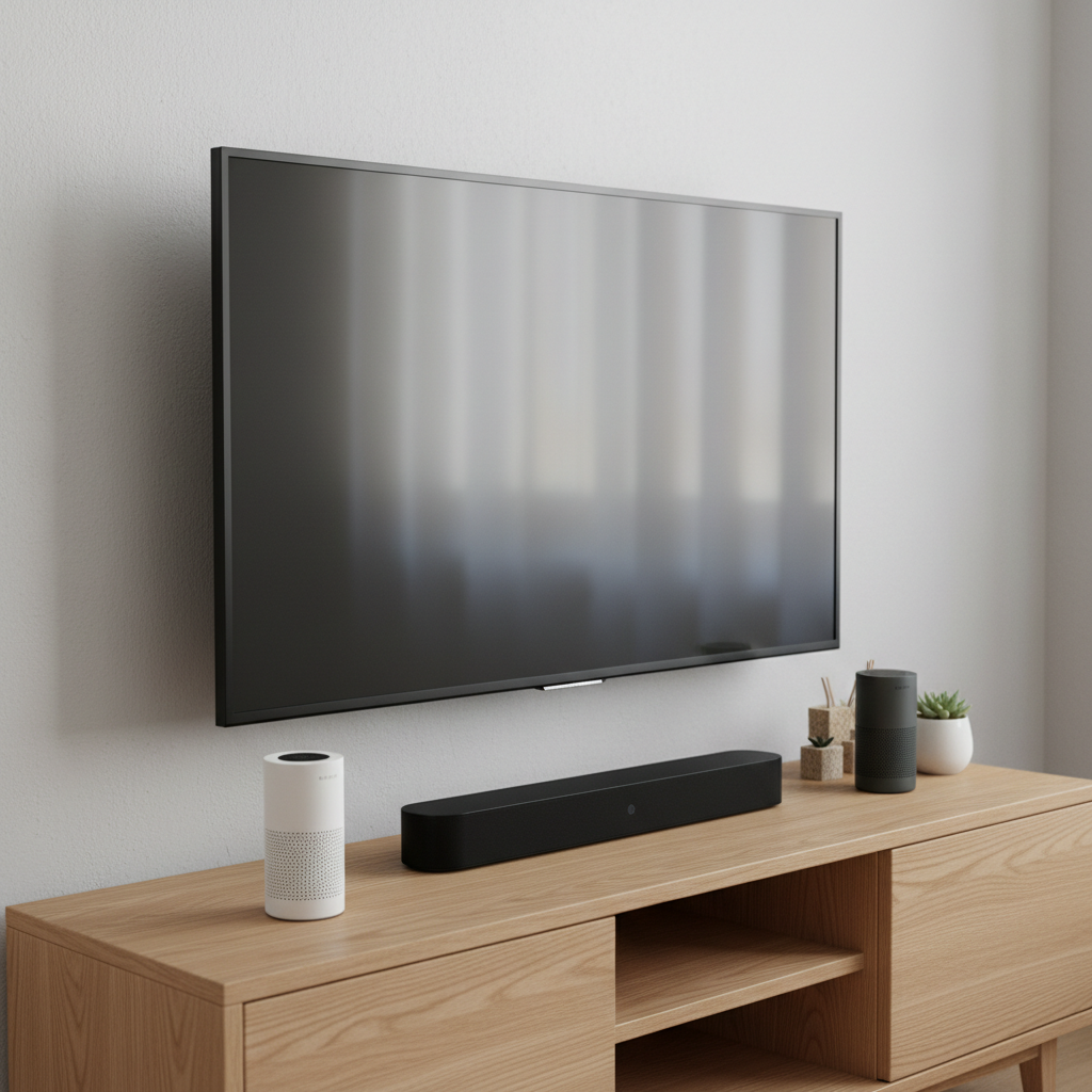 A bright, tidy living room corner featuring a low, natural-wood media console against a soft grey wall, supporting a slim 4K television, a compact soundbar, and a pair of small smart speakers in contrasting white and charcoal finishes. On the console, a tasteful arrangement of cable organizers and a small plant adds a sense of practical order. Daylight streams in from a nearby window out of frame, creating a gentle glow on the screen and subtle reflections on the speaker grilles. Photographic realism with an eye-level, slightly angled composition, sharp focus throughout. The atmosphere is calm and aspirational yet attainable, ideal for an affiliate post about building a balanced home entertainment setup on a budget.