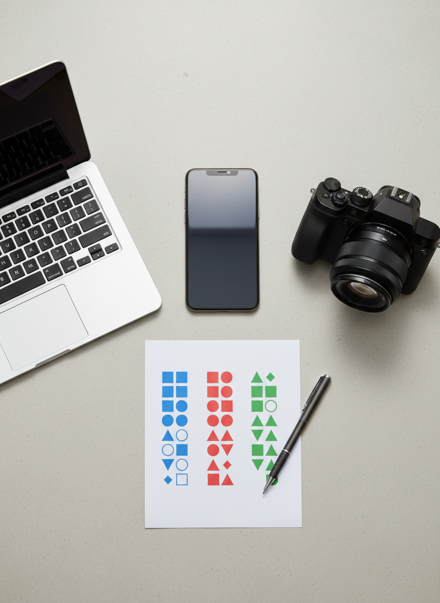 A close-up, top-down view of three carefully arranged gadgets on a light concrete tabletop: a sleek graphite smartphone, a brushed aluminum laptop, and a compact mirrorless camera with a textured grip. Between them lies a minimalist, printed comparison chart with color-coded columns represented only by geometric shapes, no text. A subtle, dark grey pen rests beside the chart, hinting at analytical evaluation. Soft studio lighting from above creates crisp yet gentle shadows and highlights the textures of metal and glass. The mood is analytical and professional, suggesting honest, side-by-side product comparison. Photographic realism with sharp focus and balanced composition, perfect for illustrating detailed buying guides and comparison content.